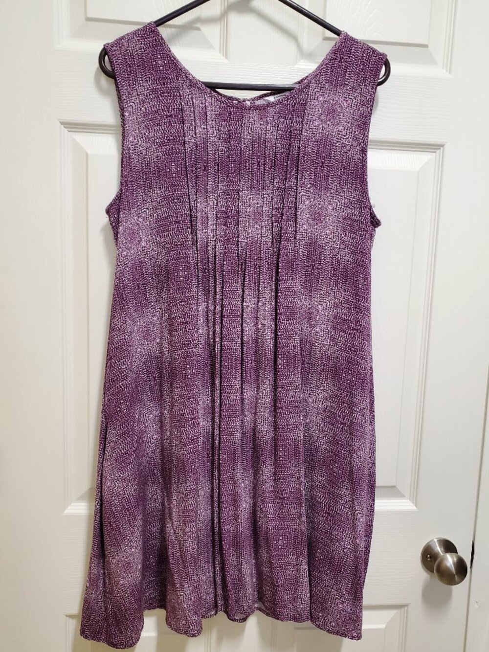 Purple and White Patterned, Pleated, Sleeveless Dress